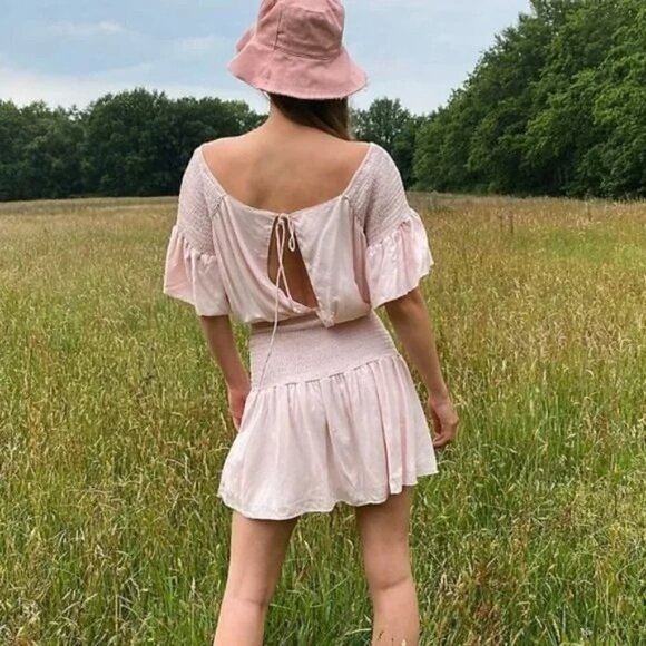 Free People Sam Light Pink Smocked Short Sleeve Mini Dress S - Picture 2 of 5